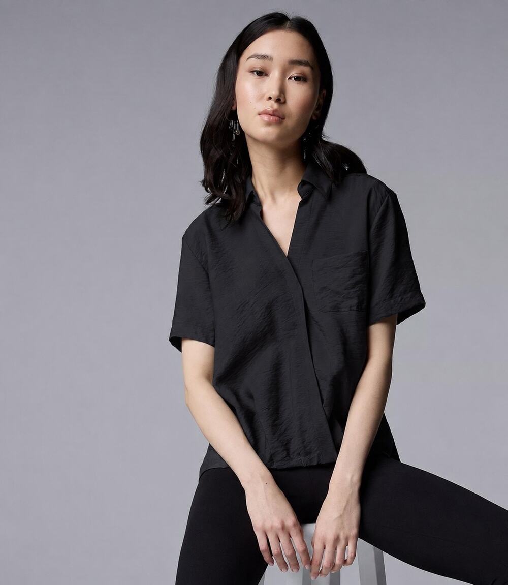 Simply Vera Vera Wang Black Draped Surplice Blouse Top M Minimalist Office